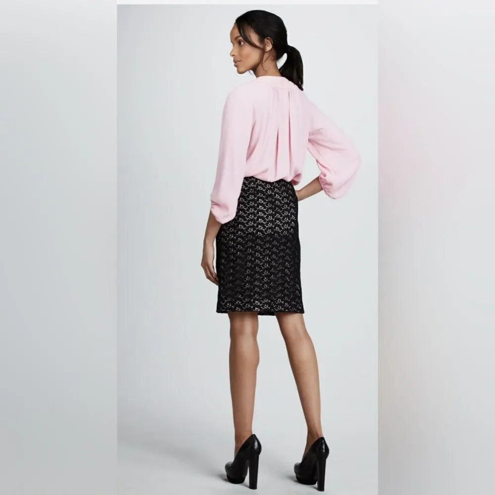 Diane Von Furstenberg Stevie Acorn Lace Faux Leather Trim Zip Slits Pencil Skirt